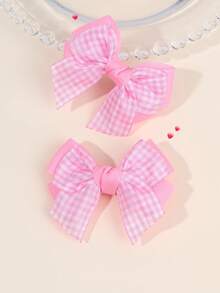 2个/套 女孩粉色蝴蝶结发夹，可爱粉色格子鳄鱼夹，柔软缎面蝴蝶结发夹，甜美优雅休闲发饰，女孩和婴儿生日礼物 - 粉色 - 查看 1