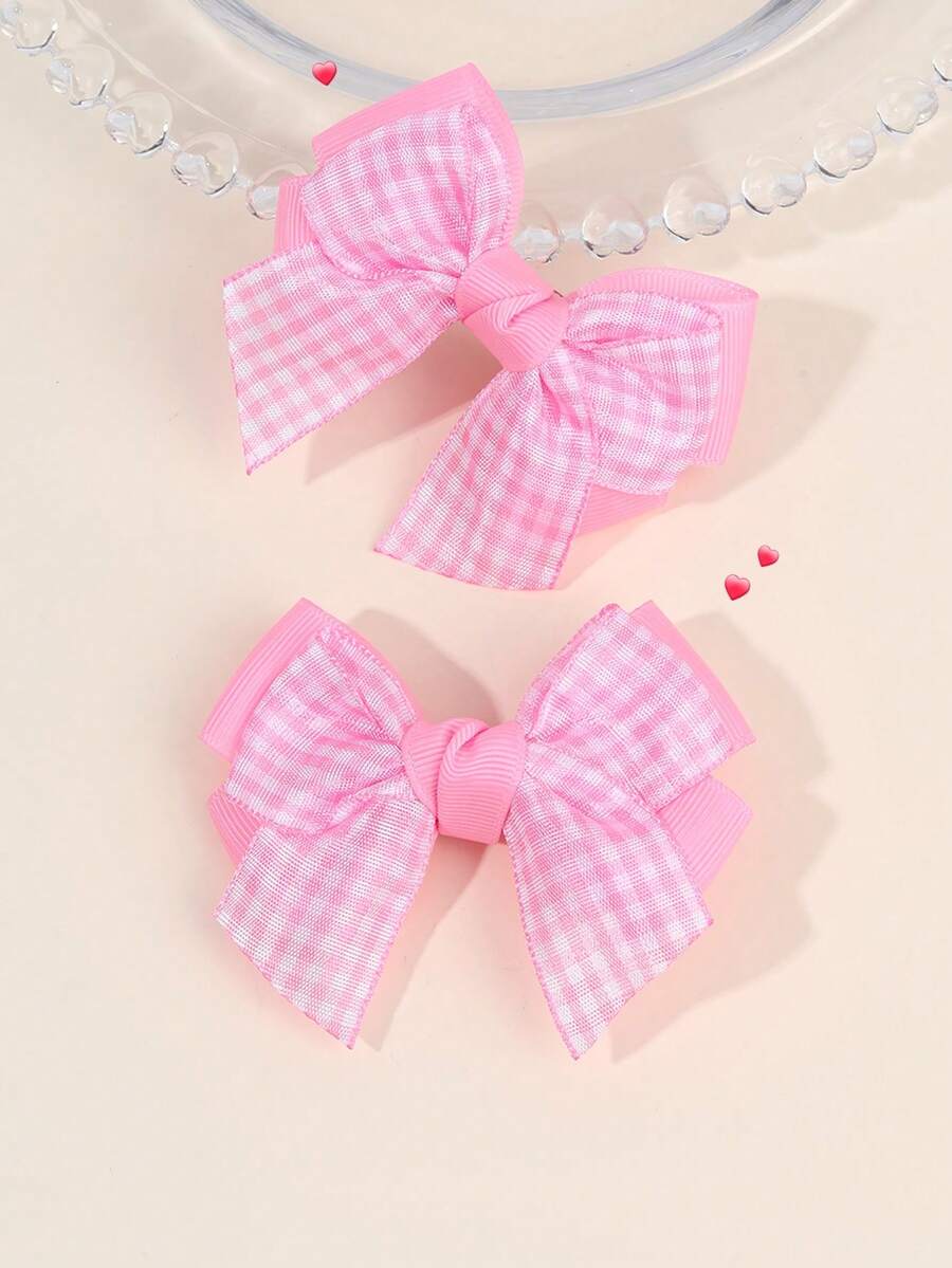 2个/套 女孩粉色蝴蝶结发夹，可爱粉色格子鳄鱼夹，柔软缎面蝴蝶结发夹，甜美优雅休闲发饰，女孩和婴儿生日礼物 - 粉色 - 查看 1