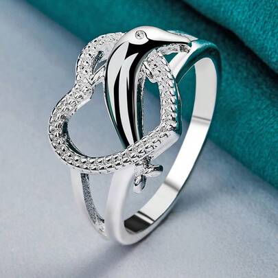 925 Silver Plated Dolphin Heart 7-10# Charm Ring For Women Wedding Engagement Fashion Jewelry