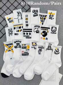5 Pasang Kaos Kaki Putih Model Crew dengan Motif Huruf & Angka Acak, Kaos Kaki Olahraga Unisex yang Modis - Putih - View 7