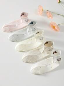 5 Pairs Cute Cat & Polka Dot Pattern Women's Ankle Socks, Non-Slip Breathable, Suitable For Spring/Summer - White - View 6