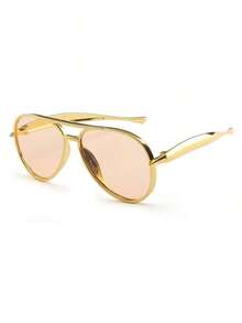 1 Pair Women's Gold Round PC Retro Double Bridge Solid Color Fashionable Fashion Glasses - 金子 - 查看 2