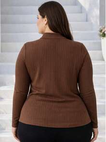 Women's Plus Size Long Sleeve Blouse With Medium High Ribbed Neck, Premium Comfortable Viscose - Óxido marrón - Ver 2