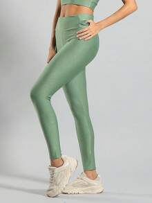 FITNATION Leggings Set With Waistband Pocket + Longline Cropped Top In Micro-Ribbed Fabric With SHINE And HIGH Elasticity And Support. - Verde Oliva - Ver 4