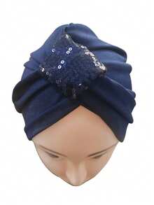Pañuelo musulmán de unicolor para mujer con decoración de diamante de imitación - Lentejuelas azules - Ver 4