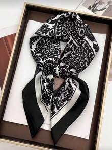 1pc 26.77 Inch Faux Silk Printed Square Scarf 68cm, Women Fashion Breathable Multifunctional Headband Neckerchief Accessory - Black - View 4