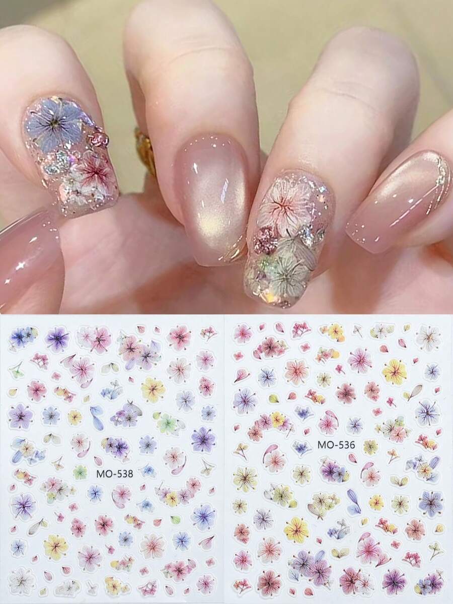 花卉美甲贴纸,自粘式闪亮不对称花朵造型,色彩鲜艳,耐用塑料材质,DIY美甲贴纸,适用于手部和脚部 - 彩色 - 查看 1
