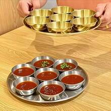 8pcs Stainless Steel Sauce Bowls With Tray Set, Durable 10-Inch Plates And 3.3-Inch Dipping Dishes, Elegant Modern Dinnerware Set, Suitable For Tapas/Sushi/Appetizers/Desserts, Wedding/Christmas/Thanksgiving/Party Supplies - Multicolor - View 3