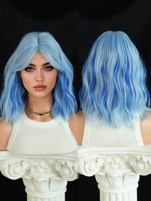 7JHH WIGS Short Wavy Highlight Blue Wigs For Women 14 Inch Shoulder Length Bob Curly Wavy Middle Part Wigs Curtain Bangs, Natural Synthetic Heat-Resistant Fiber Hair For Daily Cosplay Party Use ( Straight Hair Ends ) - Baby Blue - View 5