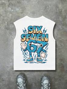 Teen Boys' Sleeveless Graphic Tank Top With "67" Pixel Cartoon Number Print, "SIX SEVEN" Slogan, And Lightning Graffiti Accents, Casual Loose Fit, Suitable For Back To School, Gaming Gatherings, Everyday Casual Wear, Summer - White - View 3