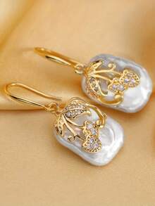 1 Pair Women's Sparkling Cubic Zirconia Faux Pearl Pendant Earrings, Valentine's Day Gift - Yellow Gold - View 8