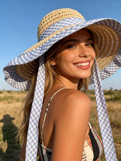 格纹帽檐渔夫帽，防风，防紫外线，3D立体设计，可折叠，时尚百搭，优雅风格，柔软舒适，透气，多功能，修饰脸型，适合海滩、户外、旅行、徒步、骑行、约会等多种场合。