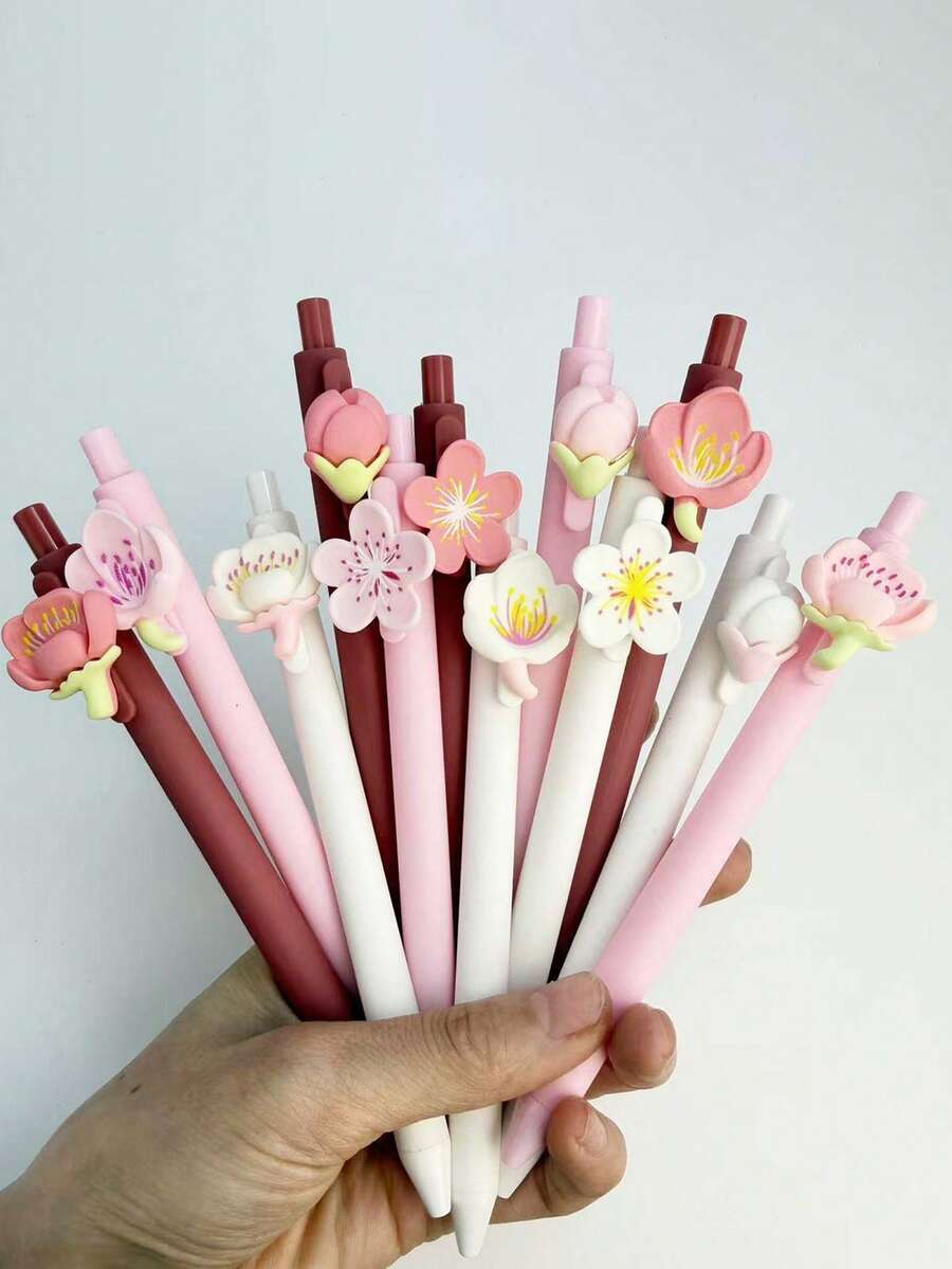 2/6支装 3D可爱花朵黑色中性笔，樱花/桃花笔，创意可爱高品质学生圆珠笔 - 花朵 - 查看 1