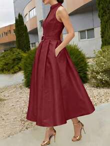 Elegant Women's Dress With A Tie Waist And A-Line Silhouette, New Spring/Summer And Fall/Summer Styles, Sleeveless With A V-Neck, Suitable For The Office Or Everyday Wear In Black. - 波爾多 - 查看 4