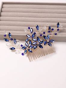 1pc Crystal & Rhinestone Decor Bridal Bridesmaid Hair Comb, Luxurious Hair Accessory For Wedding, Banquet, Party - Royal Blue - View 5