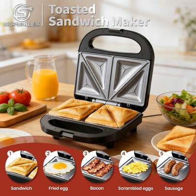 SUPERLEX Sandwich Maker 750W, Stainless Steel Sandwich Machine, Non-Stick Coating, Cool-Touch Handle, Easy To Clean, Compact Electric Sandwich Toaster For Breakfast