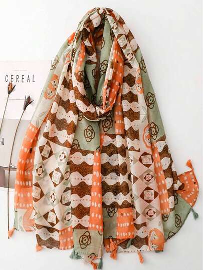四季皆宜的波西米亚风拼接印花围巾，几何秋季水果图案，柔软披肩式围巾，格子图案