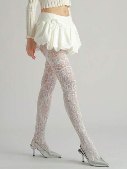 1件女士弹力紧身裤，复古向日葵图案提花镂空渔网袜，薄款性感哥特风连裤袜，适合春夏穿着，也适合万圣节、派对、外出、搭配裙子/裤子