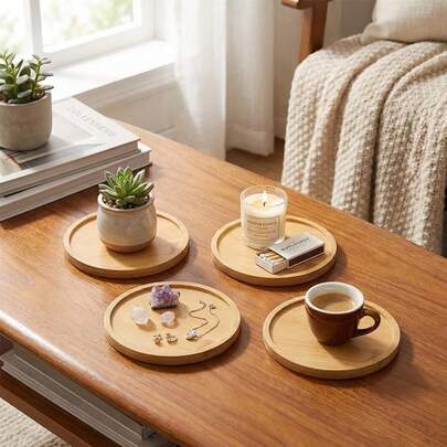4pcs Round Bamboo Plant Saucer Set - Versatile Planter Trays With Drainage Holes For Indoor & Outdoor Use, Perfect For Succulents And Cacti