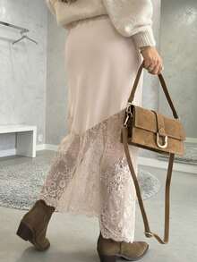 Chân váy ôm sát cơ thể bằng vải dệt kim màu trơn thanh lịch, phối ren, có khóa kéo, thiết kế ôm dáng phù hợp cho mặc hàng ngày, mùa thu/đông (YY1127) Xuân - Màu be - Xem 2