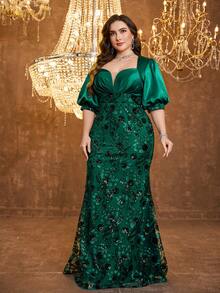 [Random Print] UNITHORSE Plus Women's V-Neck Lantern Sleeve Sequin Patchwork Satin Slim-Fitting Temperament Evening Dress - Dark Green - View 4