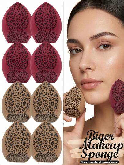 4/8/16件套大号豹纹化妆海绵套装，红棕色豹纹美妆蛋，亲水性PU材质，不含酒精，适用于粉底、遮瑕、散粉，新手友好，适合中性肤质