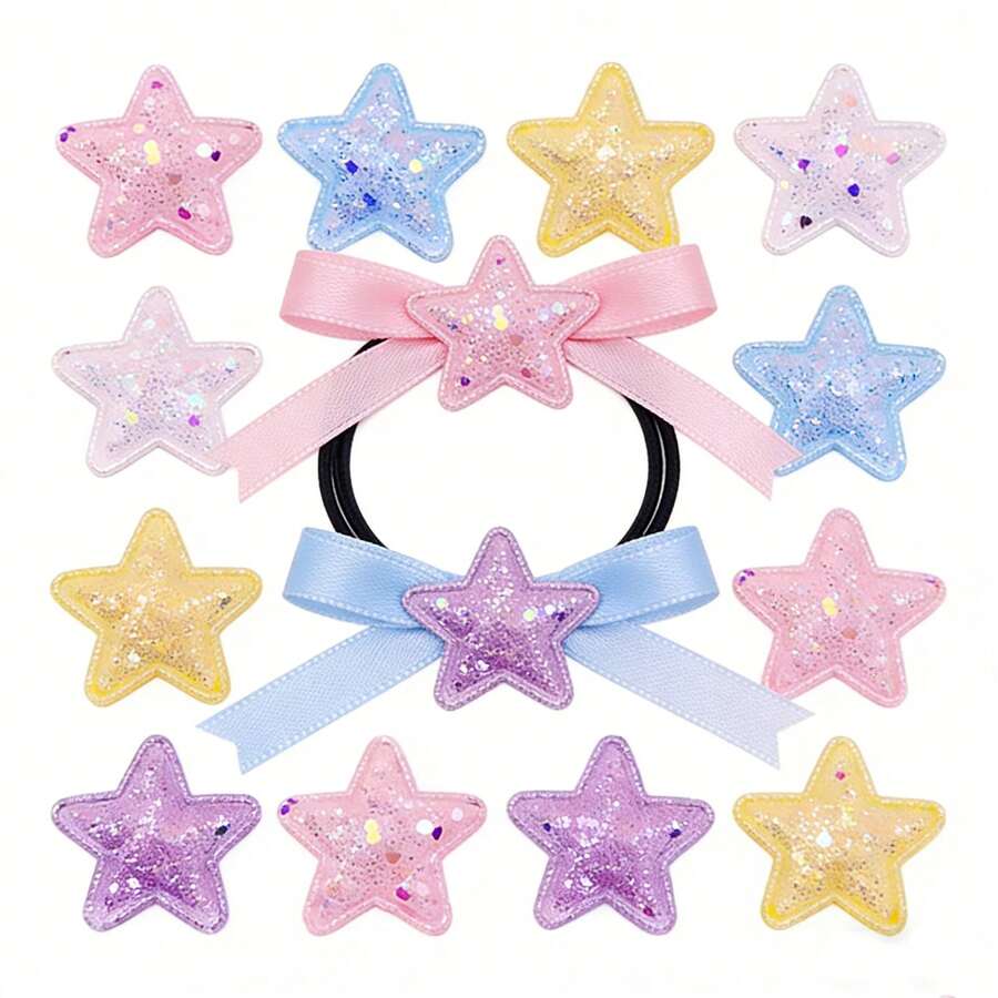 100 Stück Glitzer Stern Applikationen, 5 Farben glänzende Stern Patches für Basteleien, DIY Haarspangen, Stirnbänder, Wasserflaschen, Handyhüllen, Scrapbooking & Geschenkverpackung - selbstklebend & zum Aufnähen als Verzierung für Y2K Ästhetik Dekoration - Fünfzackiger Stern - Übersicht 1