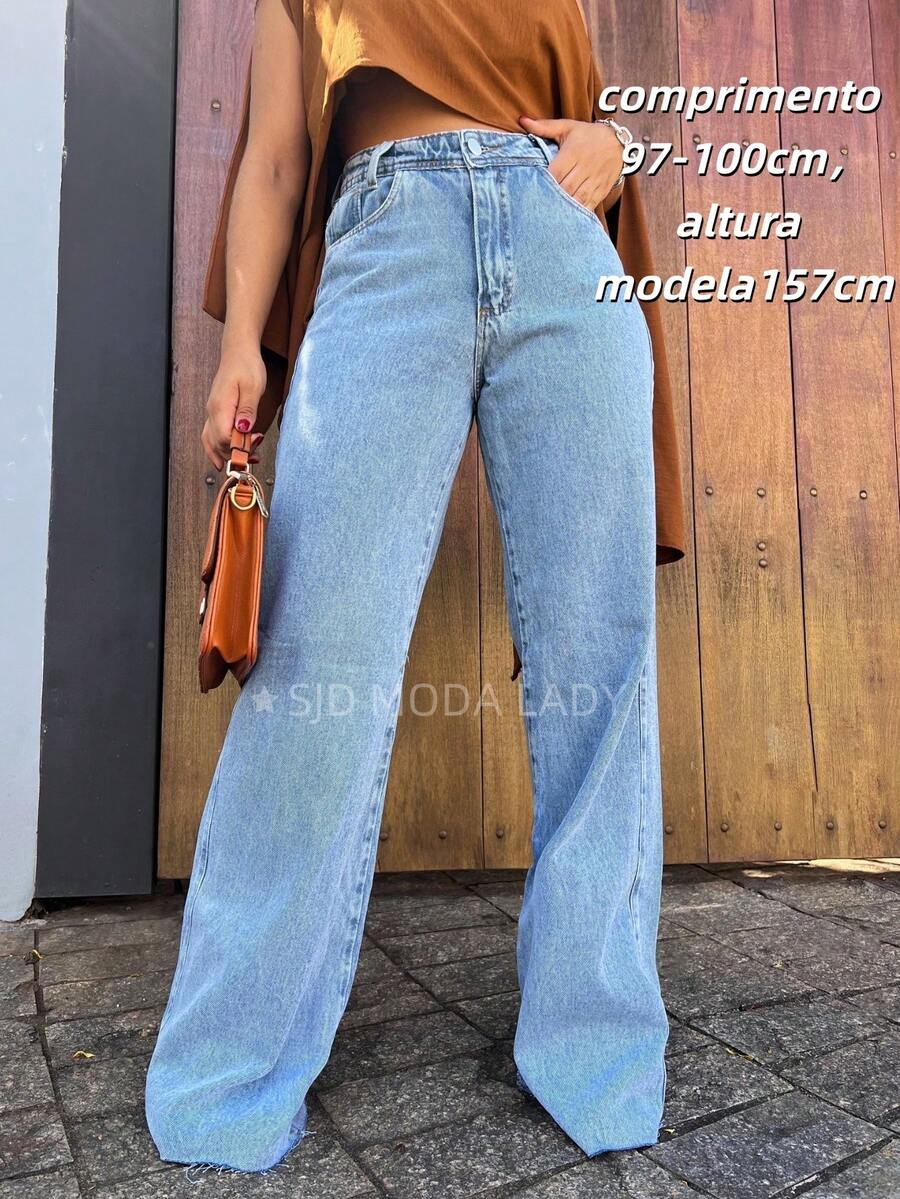 SJD MODA LADY Mom Jeans Wide Leg Simple Casual Pants - 中等水洗藍 - 查看 1