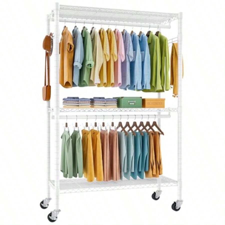 Estante organizador ajustable de doble barra para colgar ropa Armario Independiente Organizador de Ropa con gancho Perchero para colgar ropa clóset 120 x 45 x 205cm blanco - Blanco - Ver 1