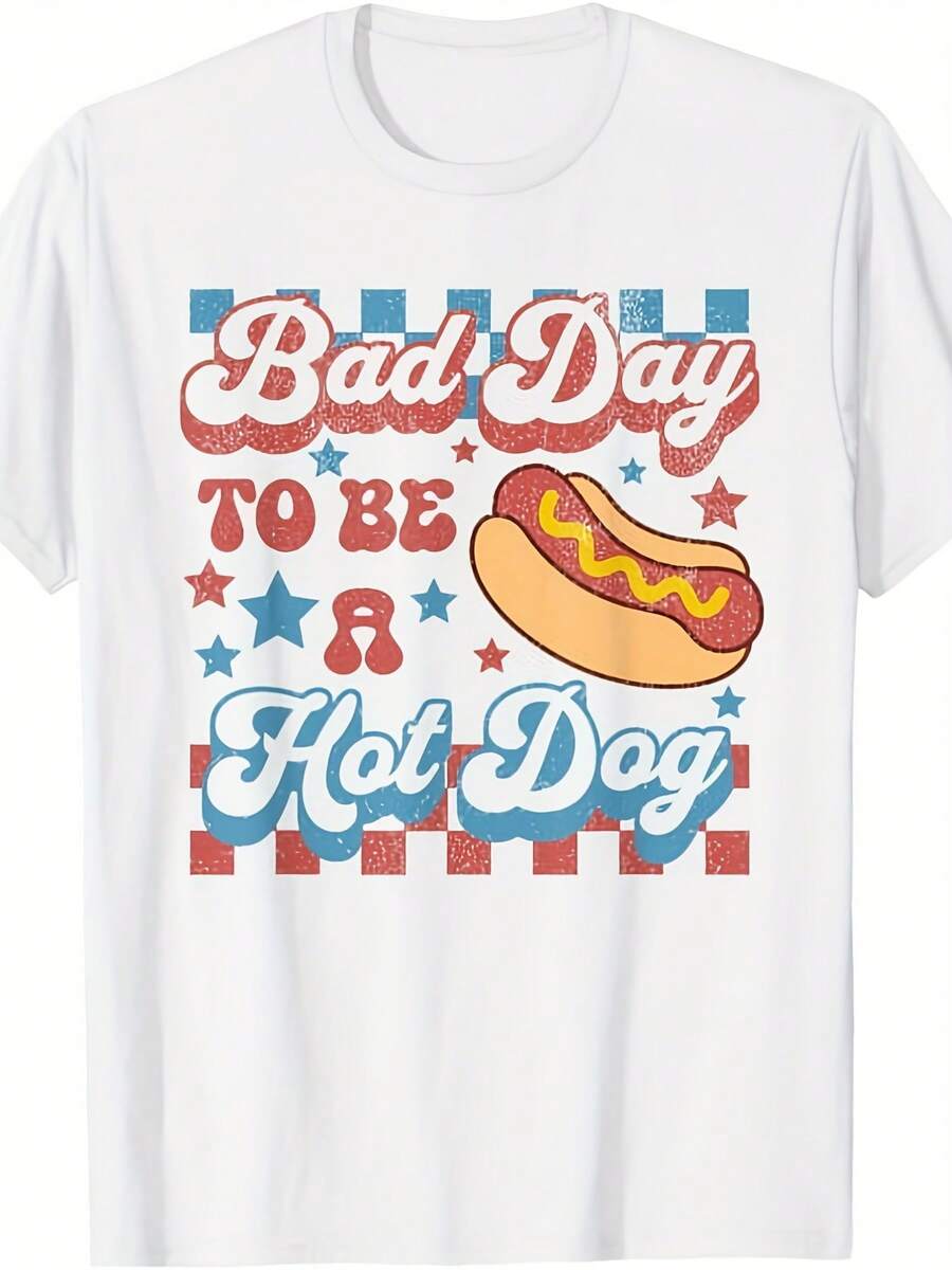 Funny 4th Of July Hot Dog T-Shirt - Bad Day To Be A Hot Dog BBQ Graphic Novelty Tee, Retro Sizzling Frankfurter & Buns Design For 4th Of July Party Outfits, Machine Washable Casual Wear - trắng - Xem 1