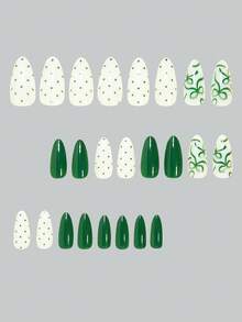 Bộ 24 móng tay giả hình hạnh nhân thắt nơ xanh lá cây, móng tay giả chấm bi trắng chất lượng cao, bộ móng giả phủ toàn bộ màu xanh đậm thanh lịch, phù hợp cho phụ nữ và bé gái, bao gồm 1 miếng dán và 1 dũa móng mini, giao hàng ngẫu nhiên. - màu xanh lá - Xem 2