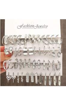 48pcs Braided Chain Earring Set, Creative Minimalist Geometric Hoop Earrings - Silver - View 2