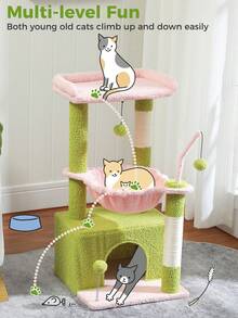 PAWZ Road Árbol para gatos de cactus de 83 cm, torre para gatos de interior con amplio espacio para gatos, poste rascador con hamaca profunda y cómoda plataforma superior, color rosa - Rosa - Ver 2