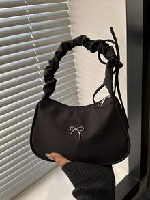 可爱褶皱手提包，高品质蝴蝶结单肩包，女士通勤腋下包 - 黑色 - 查看 10