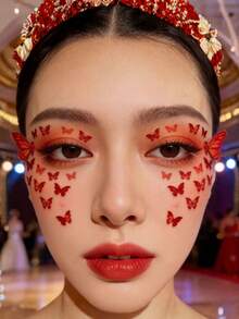 1pc Vintage Red Butterfly Face Sticker, Instantly Creates A Mysterious And Charming Atmosphere, Suitable For Chinese Style, And Other Styles, Easily Creates Atmospheric Makeup, Applicable For Concerts, Music Festivals, Children's Performances, Self-Adhesive And Easy To Use. - Multicolor - View 4