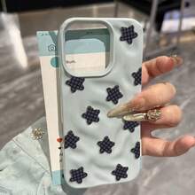 Adorable Black Checkered Star Pattern Phone Case Compatible With IPhone 17 16 15 Plus 14 13 12 11 Pro Max 14 Plus,Shockproof Crinkled Texture Soft Cover - Blue - View 2