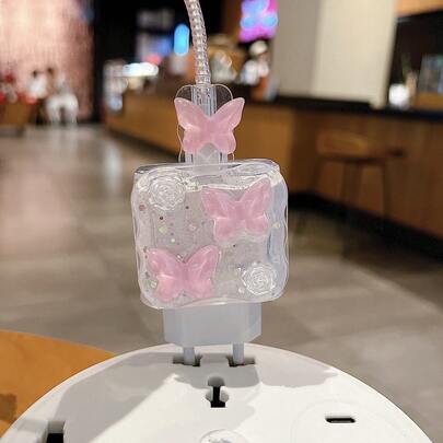 20W US/EU Resin Pink Butterfly Charging Head Protector Case, 17Promax Cable Sleeve Anti-Bending, Charger Protective Cover, Gift For Boyfriend/Girlfriend