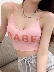Summer Cropped Exposed Back Letter Print Camisole, Slim Fit Tank Top - Pink - View 5