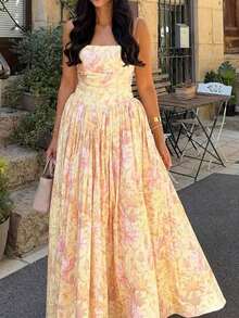 Elegant Floral Print Dress, Casual Dresses For Women, Vacation Dress, Elegant Dresses For Ladies Summer - Yellow - View 5