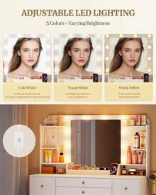 HaluPeit Vanity Desk With HD Mirror And Led Light, Makeup Vanity With Power Strip, 42.5'' Large Tabletop, Dressing Table With 4 Drawers, 2 Open Storage Cabinets, With Jewelry Storage, White - 白色 - 查看 9