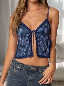Women Tie Front Split Cami Tank Top Y2K Dots Print Lace Trim Spaghetti Strap V Neck Slim Fit Camisole Crop Tops Sexy Backless Sleeveless Low Cut Vests Shirts Summer Going Out Tops Streetwear - 藍色 - 查看 1