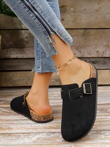 Women's Platform Slip-On Mules, Retro Thick-Sole Adjustable Buckle Round Toe Casual Loafers - Black - View 6