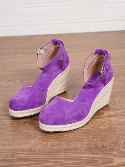 Women's Platform & Wedge Slip-On Shoes, Women's Wedge Thick Bottom Sandals Minimalist Ankle Strap Espadrilles Faux Leather Wedge Sandals, Summer Vacation Purple One-Strap Slip-On Square Toe 3.15in Heel Ankle Strap Shoes, Comfortable Woven Straw Hollow-Out Shoes Suitable For Size 34-43