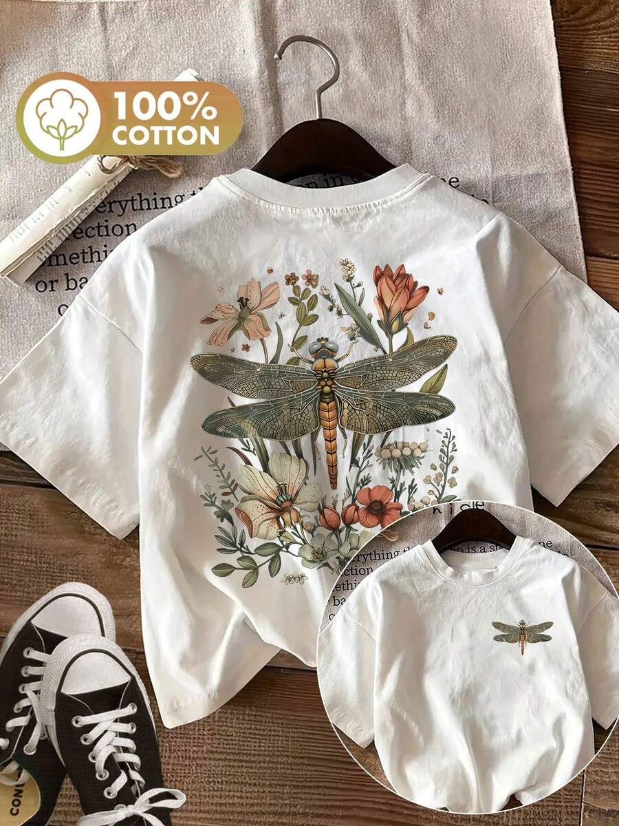 Women's Vintage Style Dragonfly And Floral Print T-Shirt, Double-Sided Print For Spring/Summer, Casual Daily Wear, Short Sleeve, Round Neckiphone 17 Pro Case,Plus Size,Women Clothes,Stylish Outfits,100 Percent Cotton Clothing Women,Fashionable Women's Apparel ,Festival Outfits For Women,Summer Outfits,Summer Tops,Vacation Outfits Women,Graphic Tees Women,Summer Outfits For Women,Graphic Tee,Summer Clothes,Easter Outfit Women - 白色 - 查看 1
