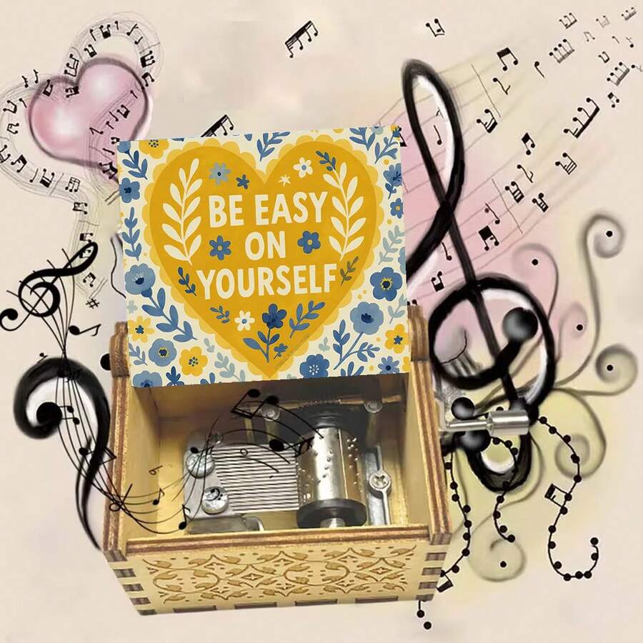 "Be Easy On Yourself" Hand Crank Music Box - Plays "You Are My Sunshine", Mini Vintage Wooden Musical Box For Self-Care, Birthday, Get Well Soon Gift For Women, Teens, Friends - Heart-shaped Music Box - View 1