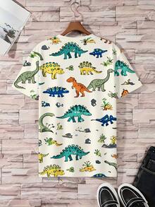 加大码男士睡衣套装 | 圆领短袖上衣和松紧腰休闲短裤两件套 | 涤纶针织面料，柔软透气，宽松版型 | 卡通恐龙世界系列印花休闲设计 - 香檳色 - 查看 3