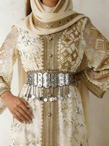 1pc Gold/Silver Coin Belt Set | Luxurious Rectangular Plate With Coin Tassel Chain, Glamorous Plated Non-Glossy Bridal And Festival Waist Chain - Choose Your Finish, Gold Or Silver Set Rectangular Plate Non-Glossy Coin Pendant - Silver - View 3