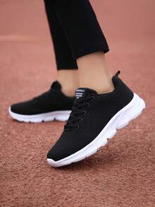 Women's Comfortable Lightweight Mesh Sneakers, Breathable Lace-Up Running Shoes, Casual Fashion Shoes, White, Flat, Casual, Sports, Stylish Thick-Soled Mesh Woven Casual Shoes - Black - View 6