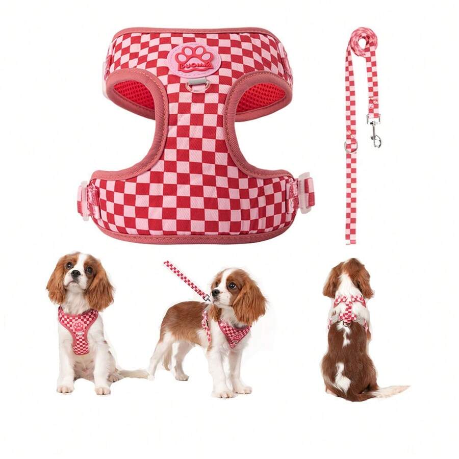 Red Plaid Dog Harness & Leash Set, Adorable Paw Print Decor Pet Vest With Matching Leash, Soft & Breathable Suitable For Small To Medium Dogs Walking Supplies - Red - View 1