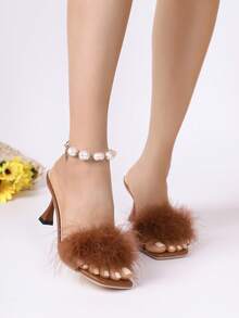 Women's High-End Fluffy Faux Feather High Heel Slide Sandals, Elegant Stiletto Mule Slippers, Brown Square Toe Strap Slip-On Sandals, Lightweight & Comfortable Thin Heel Backless Mules, Versatile Fashion Beach Flip Flops For Dates & Outings - Brown - View 4
